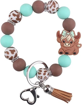 Beaded Wristlet Keychain for Women Cute Wrist Key Chain Leopard Silicone Key Ring Elastic Bowknot Cow Bracelet