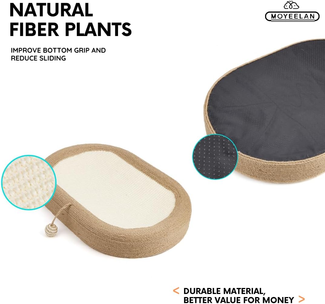 review Sisal Cat Scratcher with Dangling Ball, 3 in 1 Oval Cat Scratching Bed Pad for Indoor Cats, Large and Durable Cat Scratch Lounge, Anti-Slip and Durable Cat Scratcher Lounge Bed (Ball on side)