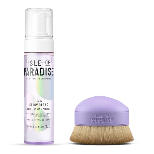 Isle of Paradise Glow Clear Kit - Dark - Clear Tanning Mousse with Kabuki Body Brush - Vegan and Cruelty Free - Color Correcting Actives for Natural Glow - Sunless Tanning Mousse with Blending Brush