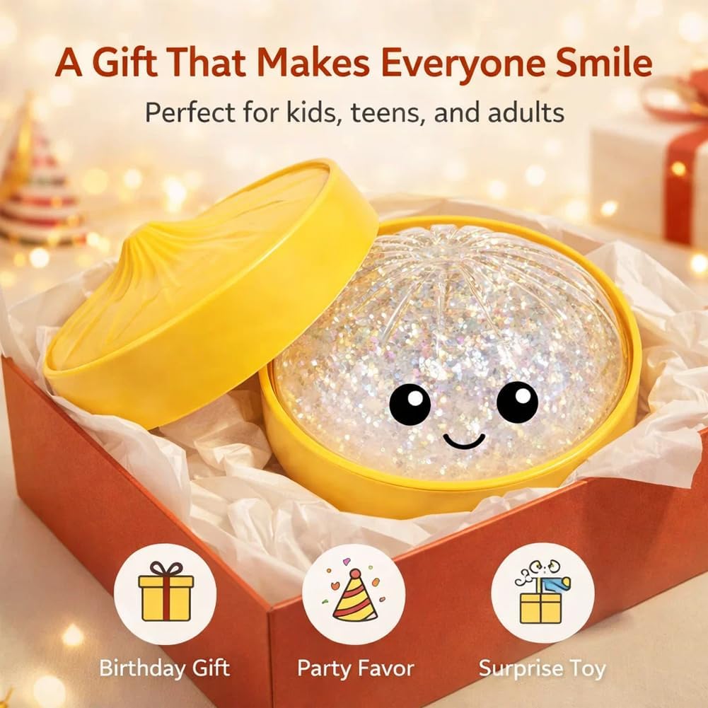 Glitter Dumpling, Dumplings Squishy, Glitter Dumpling Squishy Box, Soft Dumplings Stress Relief Squeeze Balls with Steamer, Silent Stretchy Desk Fidget for Relaxation, Gifts & Office Use (1Pcs-c)
