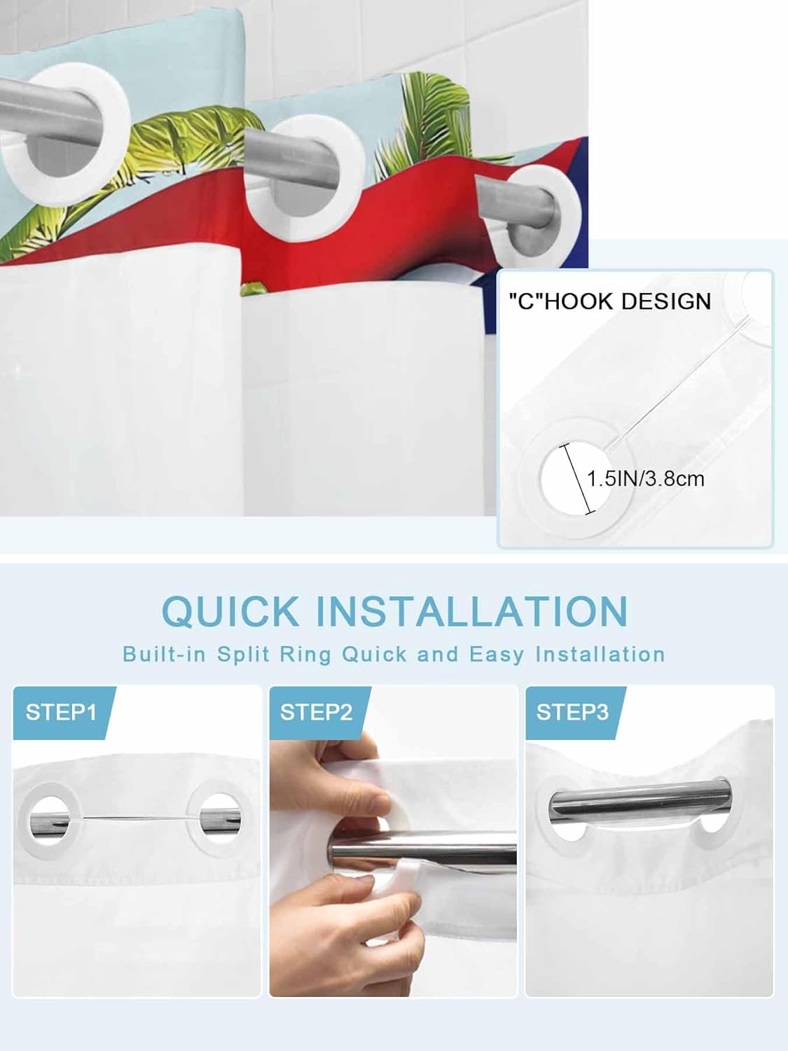No Hooks Shower Curtain and Snap-in Liner Sets 36"x72",Puerto Rico Flag Frog Coconut Trees Waterproof Bath Curtain Double Layers Shower Curtains for Bathroom Hotel,Ocean Beach