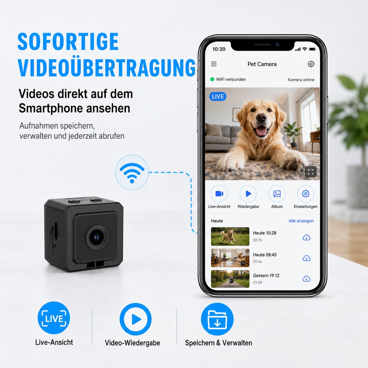 TKMARS Hundekamera für Hunde und Katzen, WLAN Mini Kamera mit Live-Ansicht, App-Steuerung, 1080P HD Aufzeichnung, 120° Weitwinkel, Magnetgehäuse, Körperkamera mit Halsband