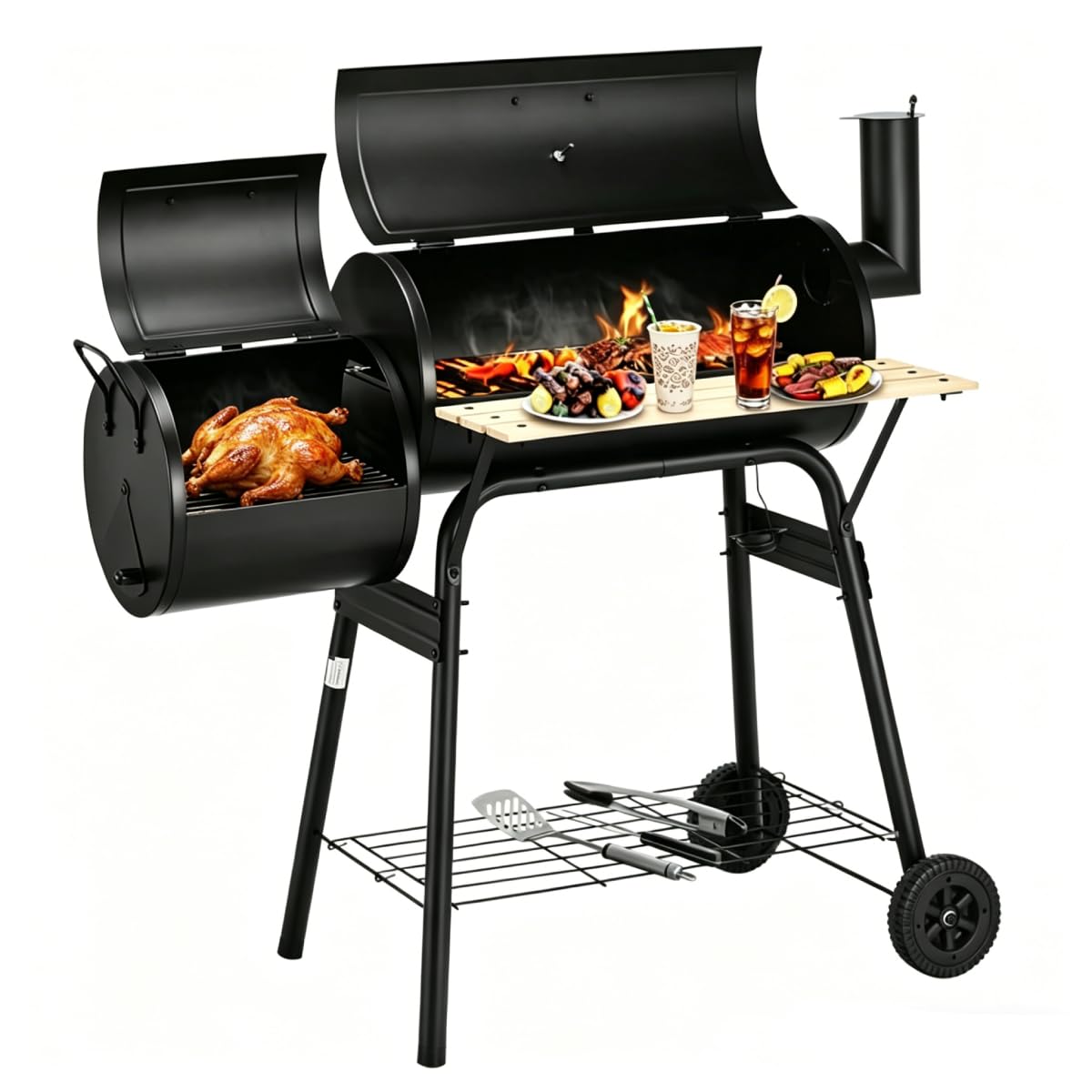 COSTWAY Charcoal BBQ Grill, Garden Barbecue Trolley with Wheels, Shelves and Thermometer, Outdoor Smoker Griller for Camping Picnic Party (with 2 Cooking Areas)