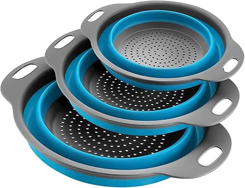 Miniatura 1 de Juego de 3 coladores plegables  redondo de silicona en la cocina, coladores de alimentos, escurridor, cesta azul para drenar pasta, verduras, frutas