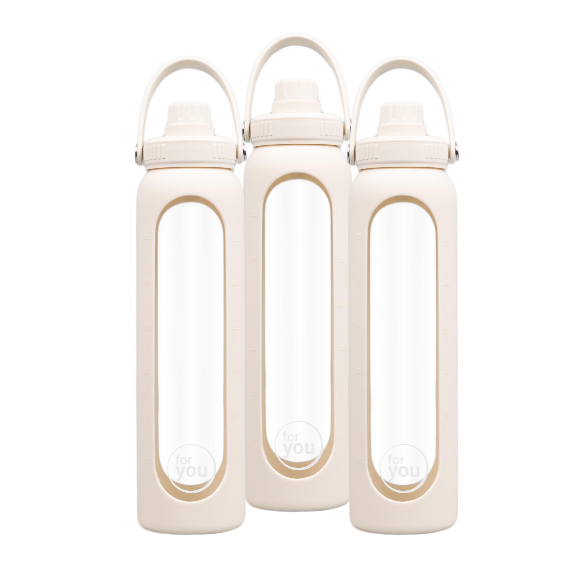 for you Hydroline Glas-Trinkflasche light beige Dreierpack 1000 ml - Deckel mit Doppel-Öffnung - aus Glas mit Silikonhülle & Zeitmarkierung - Spülmaschinenfest & BPA-frei - geeignet von -20°C – 150°C
