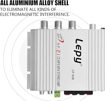 Stereo Audio Receiver Amplifier, Mini Digital 2.1 Stereo Bass Audio Power HiFi Amplifier, Digital Amp for Car, MP3, MP4, CD Players, Subwoofer Passive Speakers(Silver)
