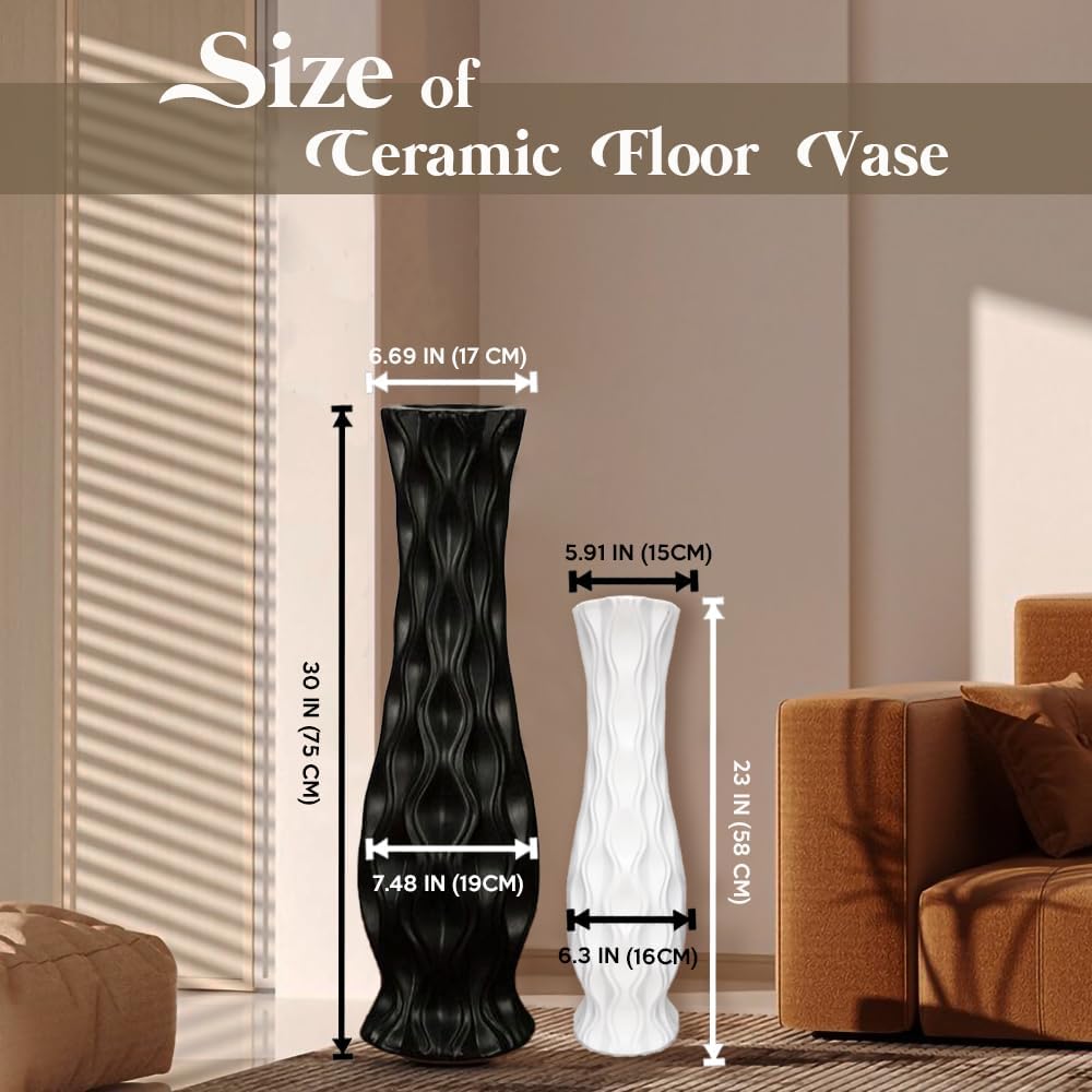 Tall Black Floor Vase 30 inches, Handmade Large Ceramic Vases for Home Decor Living Room, Wave Pattern Decorative Vases Wide Mouth Opening Corner Vase for Pampas Grass, Hallway - Image 4