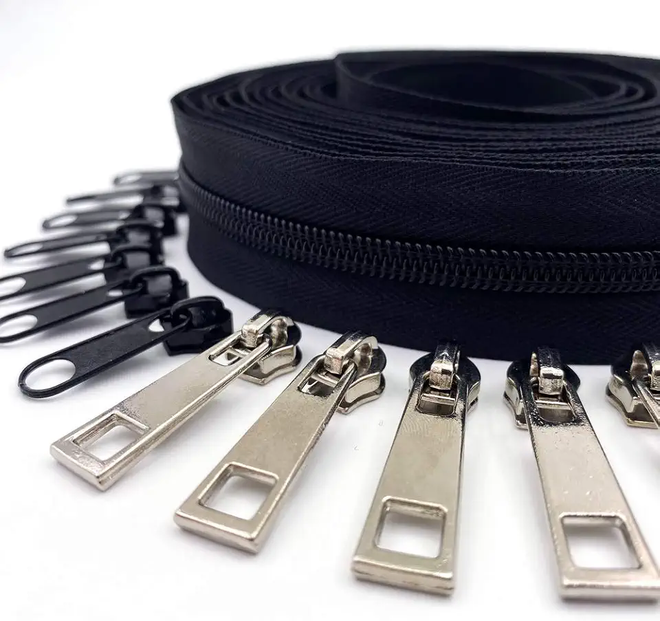 Zíper por Yard #5 Bulk 9,5 metros Nylon Zíper com 10 peças Deslizantes Prateados e 10 peças Colorfull Sliders para projetos de artesanato de costura DIY (Preto)