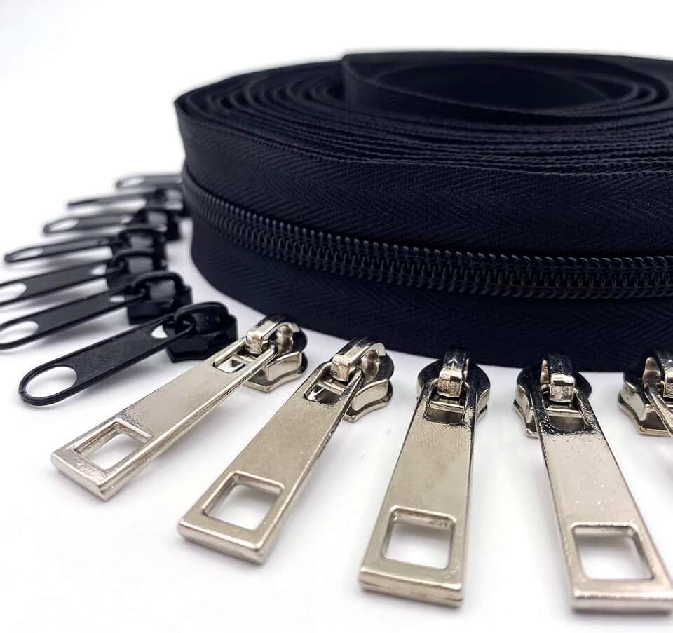 Zíper por Yard #5 Bulk 9,5 metros Nylon Zíper com 10 peças Deslizantes Prateados e 10 peças Colorfull Sliders para projetos de artesanato de costura DIY (Preto)
