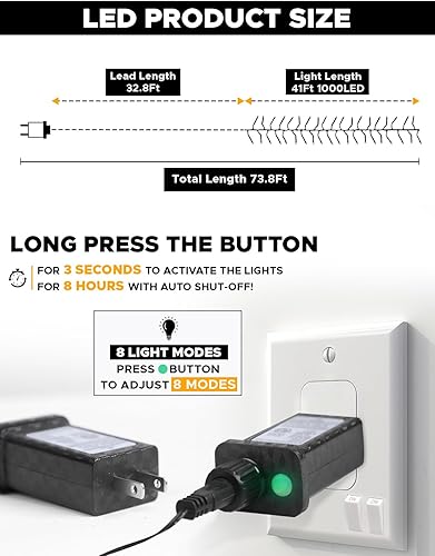 Miniatura 4 de EcoNour Luces centelleantes para árbol de Navidad  Luces de racimo para exteriores, tira de luces de petardo de Navidad con 8 modos, función de