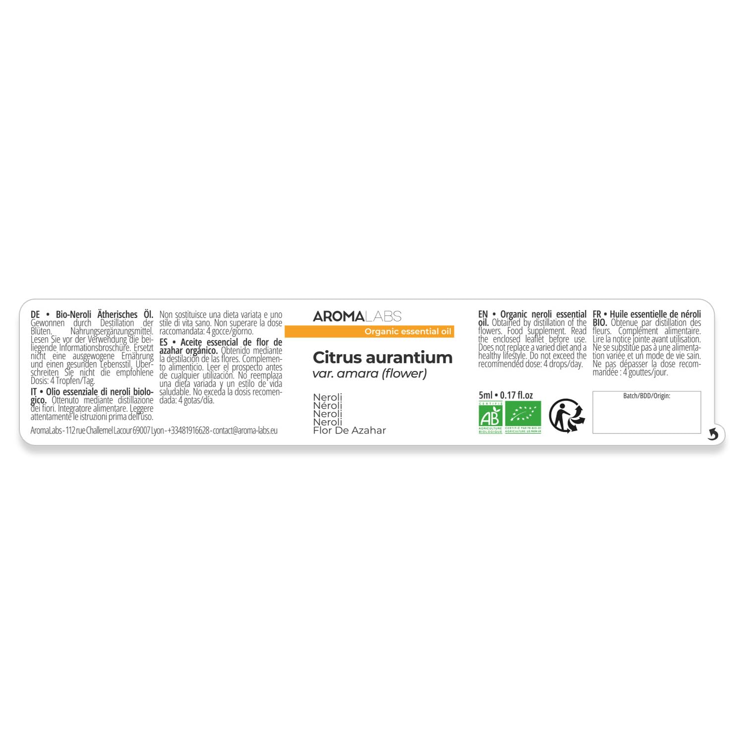 Neroli BIO (Citrus aurantium - var. amara, flor) - 5 mL - Aceite Esencial Quimiotipado y Certificado AB - Aroma Labs