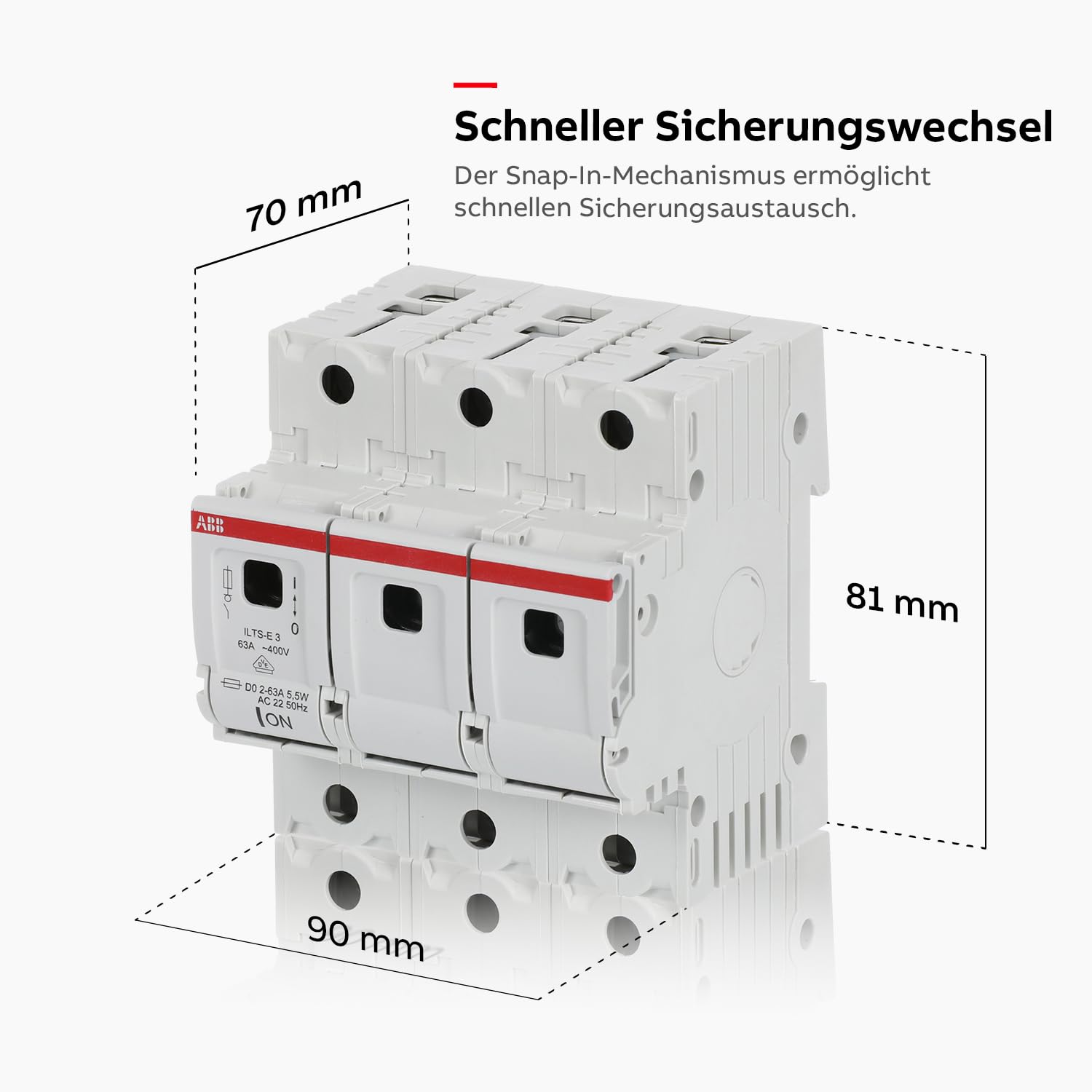 ABB ILTS-E Lasttrennschalter für Sicherungseinsätze D0 2-63 A • Einschubtechnik • 3-polig • 63 A • 400V • IP20 • Einrastmechanismus • Unverlierbarer Sicherungseinsatzhalter