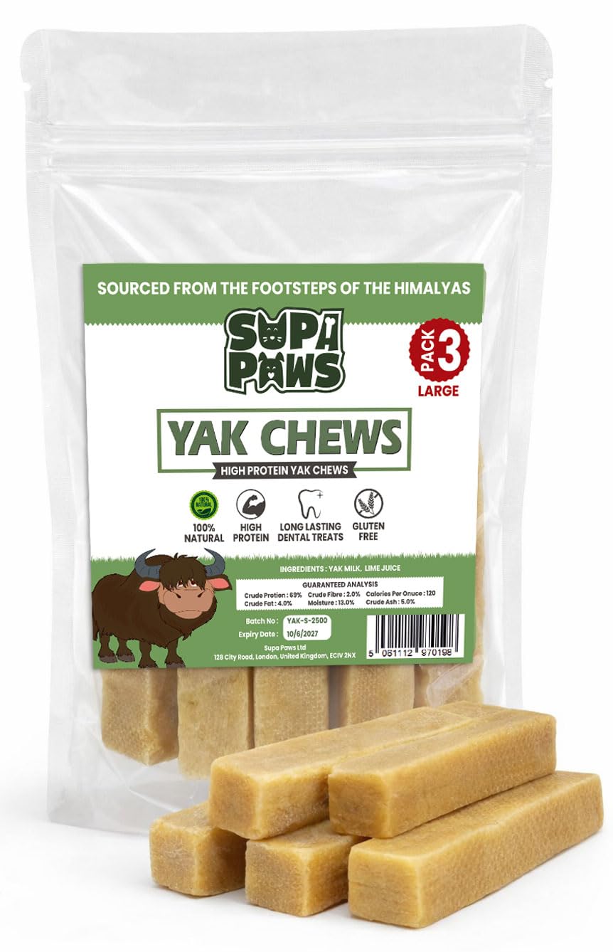 Supa Paws 3 Large Yak Chews for Dogs, Full of Protein long Lasting Dog Chews, 100% Natural Himalayan Yak Milk Dog Chews, Odor Free Dental Chew for Aggressive Chewers, Toothsome Yak Bars for Dogs