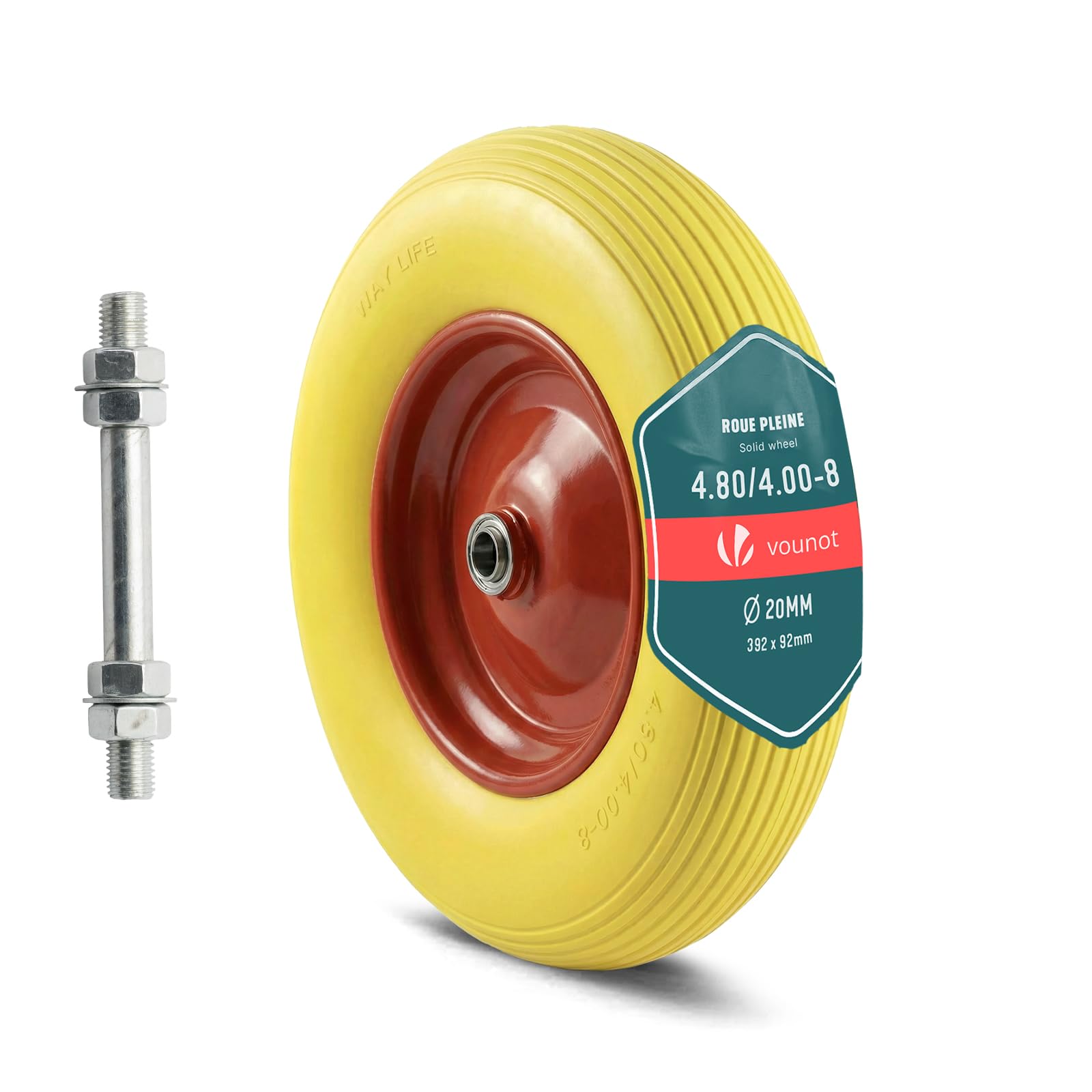 VOUNOT® Wheelbarrow Wheel Solid Rubber PU Anti-Puncture 4.80/4.00-8" Spare Tire Axle Included 20 mm 392 x 92 mm with Ball Bearings for Wheelbarrows Work Trolleys Gardening Trailer Yellow-Red