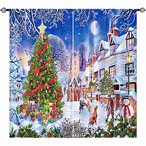 Anhope Christmas Curtains For Living Room Rod Pocket Snowflakes Christmas Tree Gifts Snowman Christmas Eve Full Moon Pattern Waterproof Fabric Window Drapes For Bedroom Outdoor W42 X L84 Inch 2 Panels #TOP20