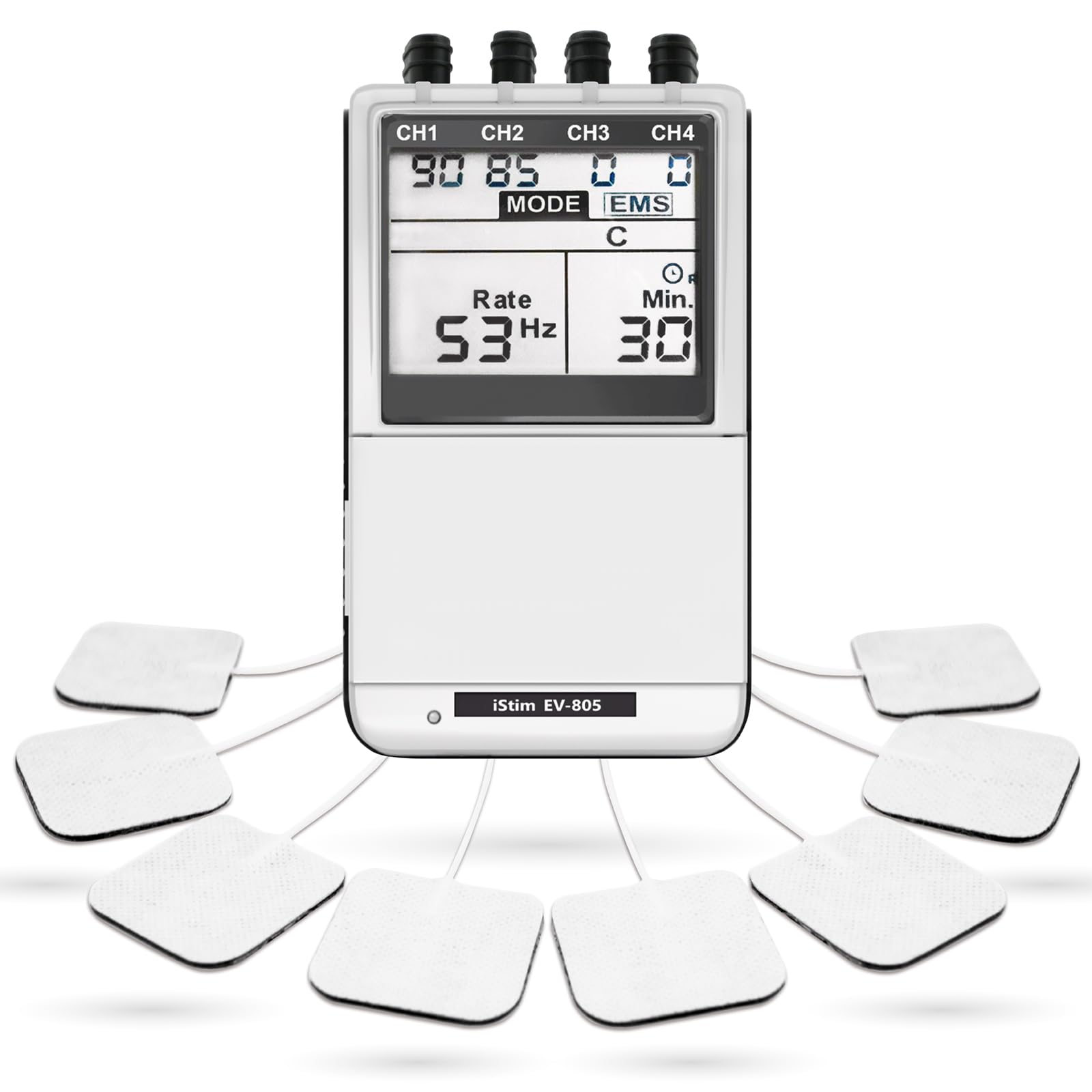 iStim EV-805 Électrostimulateur TENS & EMS – Appareil Digital 4 Canaux avec 16 Électrodes Réutilisables pour Douleur, Rééducatio