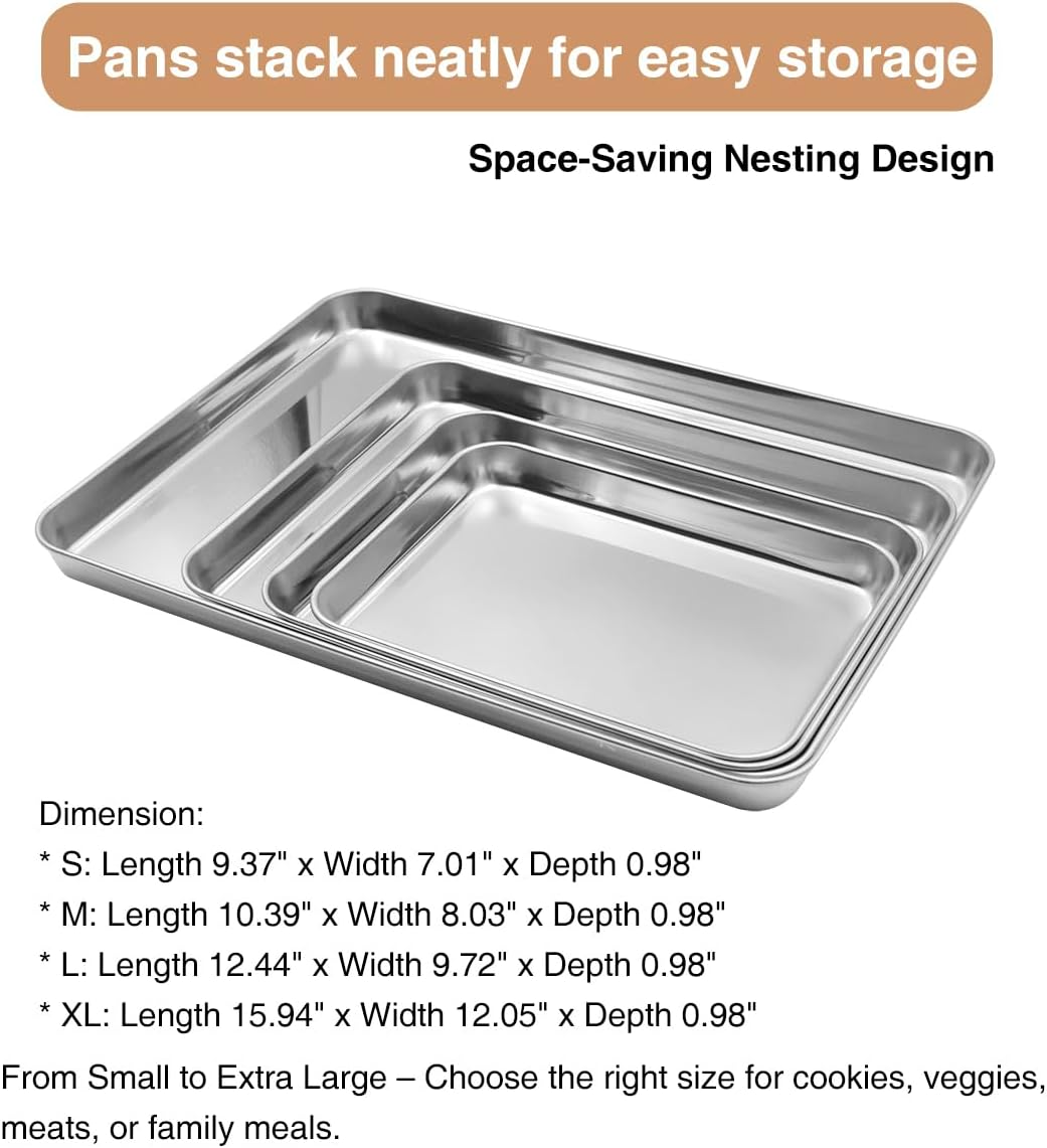 Multiple Aspire stainless steel baking sheets of different sizes stacked neatly, demonstrating a space-saving nesting design for easy storage.