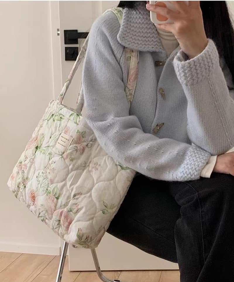 Image of Floral Quilted Cotton Shoulder Bag for Women Medium Size Handbag Large Capacity Thickened Design Tote