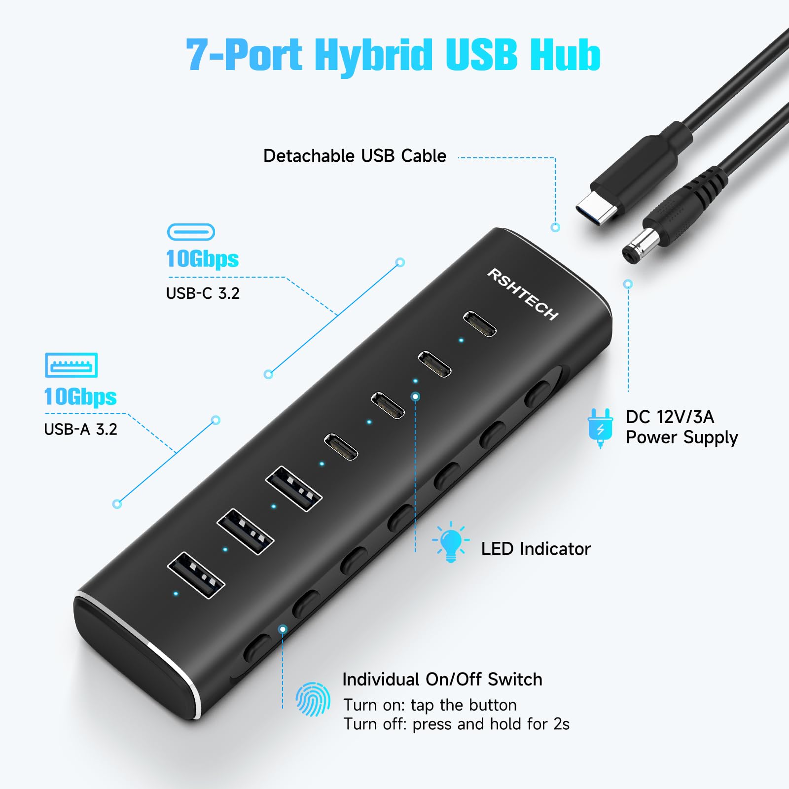 RSHTECH 36W Hub USB C z Zasilaniem, Koncentrator Danych 7 Portów (4C+3A) z Aluminium USB-C 3.2 10Gbps z Zasilaczem 12V/3A i Odbieranym Kablem 3.3 Stopy, RSH-ST10P