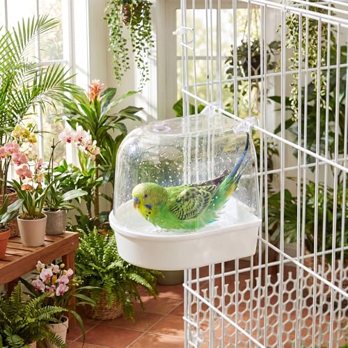 Image of Honeydak 3 Pieces Clear Bird Bath for Cage Parakeet Bird Cage Accessories Hanging Bath Box Parrot Bathing Tub with View for Cockatiel Conure Canary Budgies Parrots (Cute Color)
