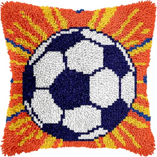 Image of LUBOT Football Latch Hook Kits for Adults Rug Pillow Cover with Printed Canvas Pattern Crochet Kit for Beginners 17 inch X 17 inch