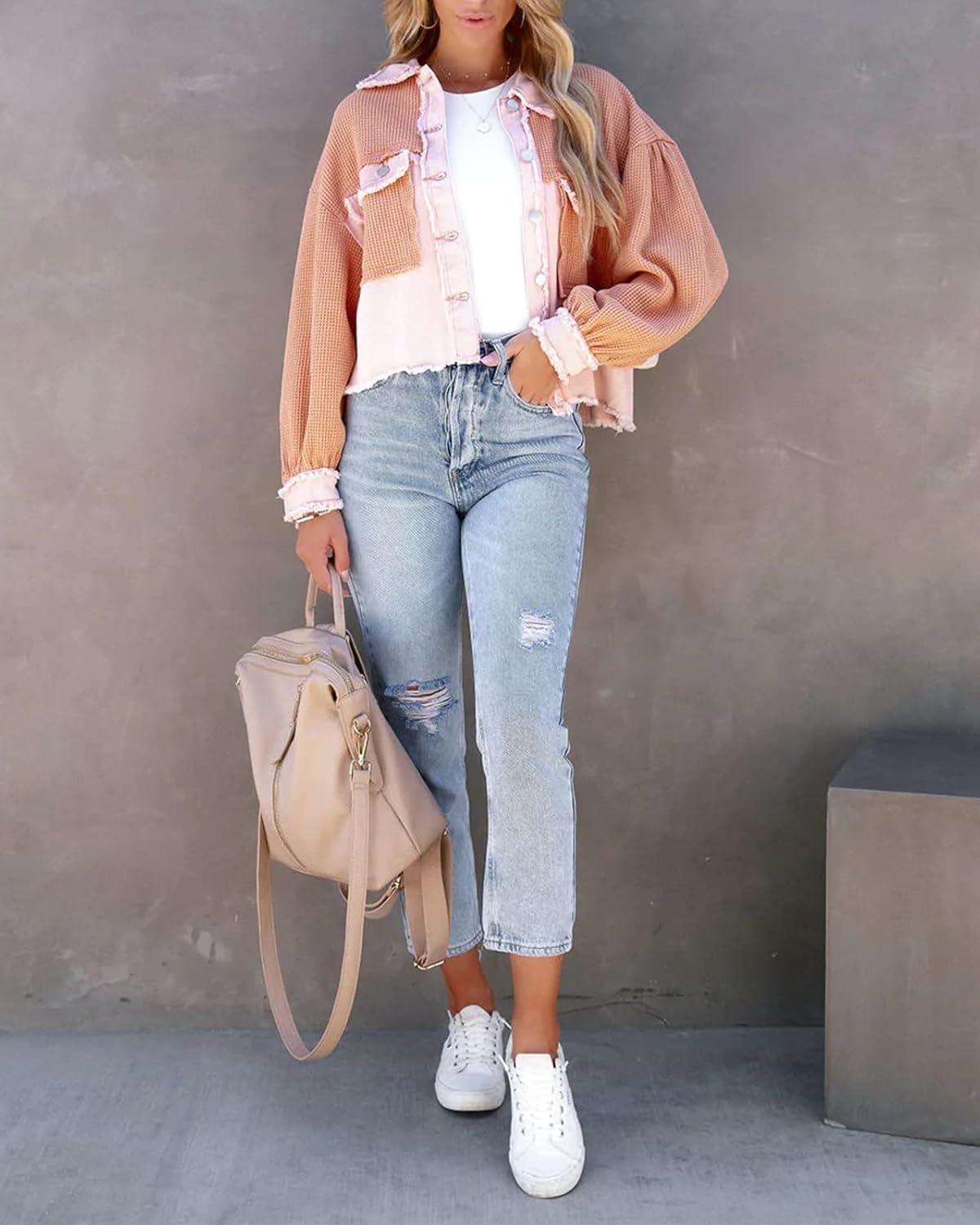 Women Waffle Knit Shacket Cropped Denim Stitching Button Down Loose Long Sleeve Jacket Tops