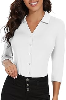 Soneven Womens Golf Polo Shirts 3/4 Long Sleeve V Neck Button Down Shirts Business Causal Work Blouses Tops