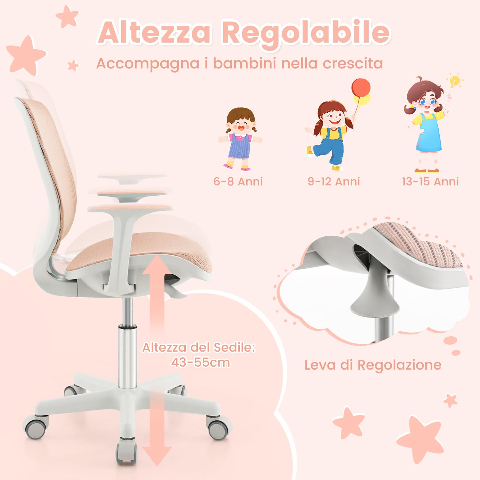 COSTWAY Sedia da Scrivania per Bambini, Sedia Girevole per Computer con Altezza Regolabile, Ruote con Freno, Braccioli Morbidi, Mobile Ergonomica per Bambini 6-15 Anni (Rosa, Rullo di Pressione)