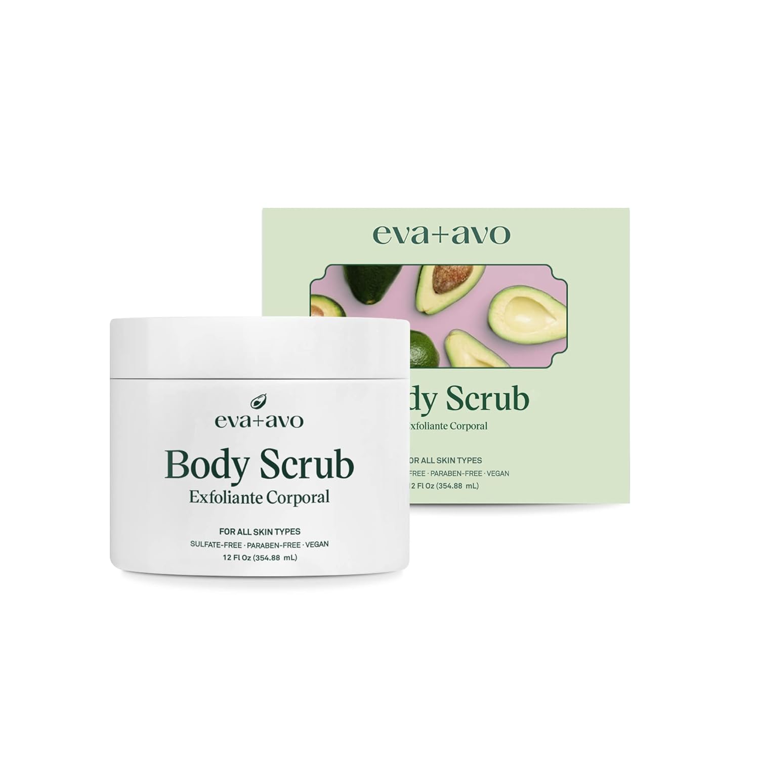 Eva + Avo Exfoliating Body Scrub, Gentle & Nourishing Natural Formula for Dry, Rough & Combination Skin, Daily Body Scrub for Women & Men, Hydrating Soft Skin Exfoliator, 12 Fl Oz