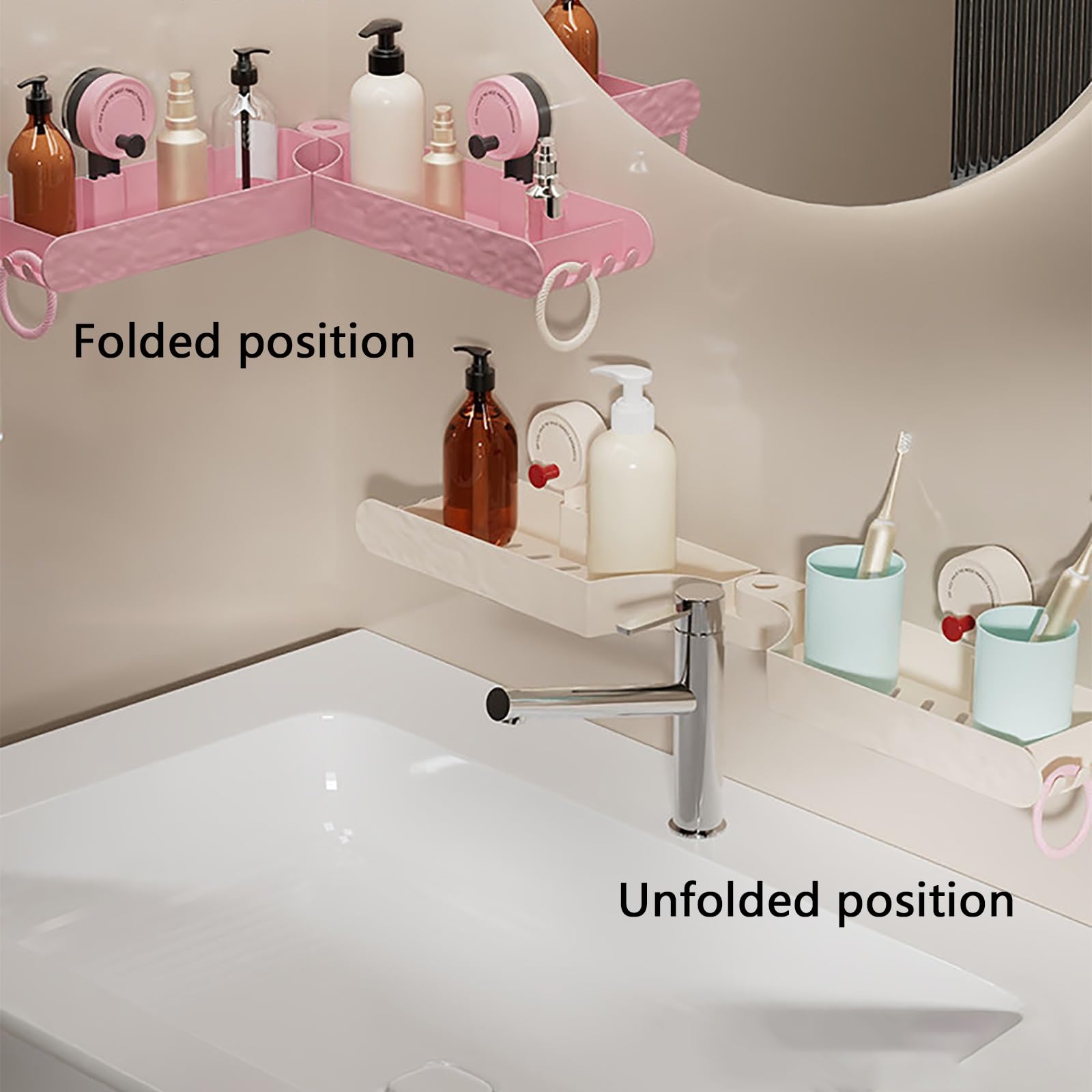 Klappbares Badezimmerregal für Über Dem Waschbecken, Armaturenregal mit Saugnapf, Schneller Wasserablauf, Rostbeständig und Langlebig, Einfach zu Montieren(Pink)