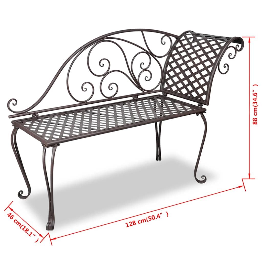 Chaise longue de hierro marrón con adornos florales, 128 cm, tumbona de jardín de hasta 110 kg, estructura de metal resistente a la intemperie