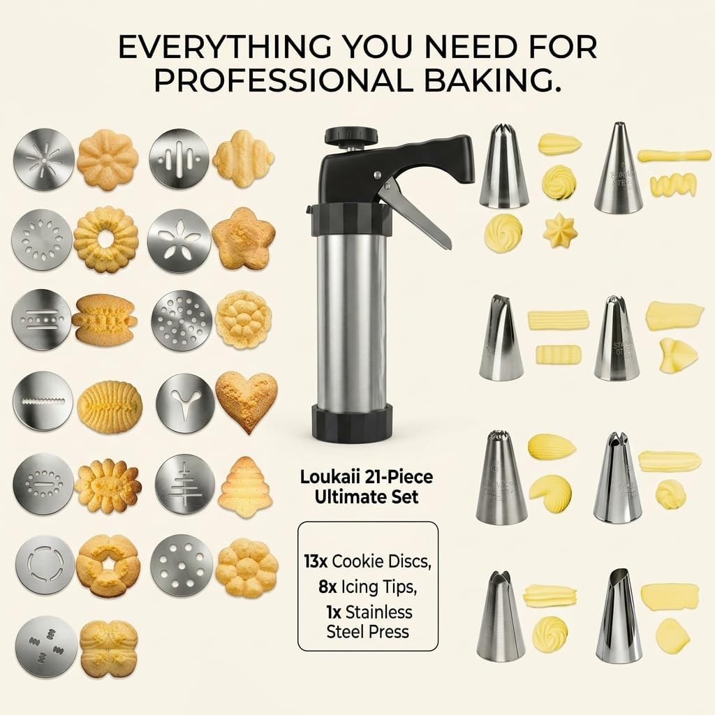 Spritz Cookie Press Gun Kit，21-piece Stainless Steel Biscuit Maker with 13 Decorating Discs & 8 Piping Tips, Durable Butter Cookie Shooter for DIY Biscuits, Mother's Gift