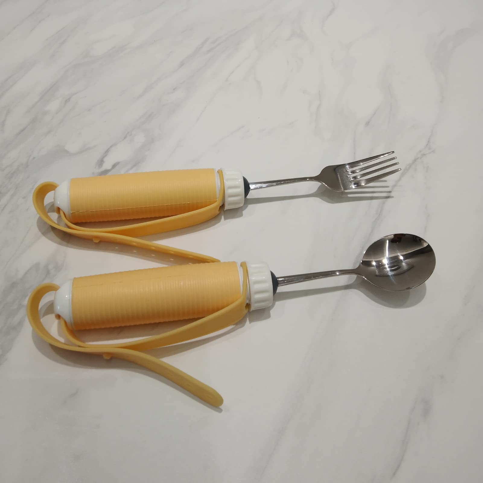 Utensilios adaptativos para artritis, juego de tenedor y cuchara de fácil agarre, cubiertos extraíbles de rotación de 360 grados con correa de silicona ajustable para ancianos de Parkinson y