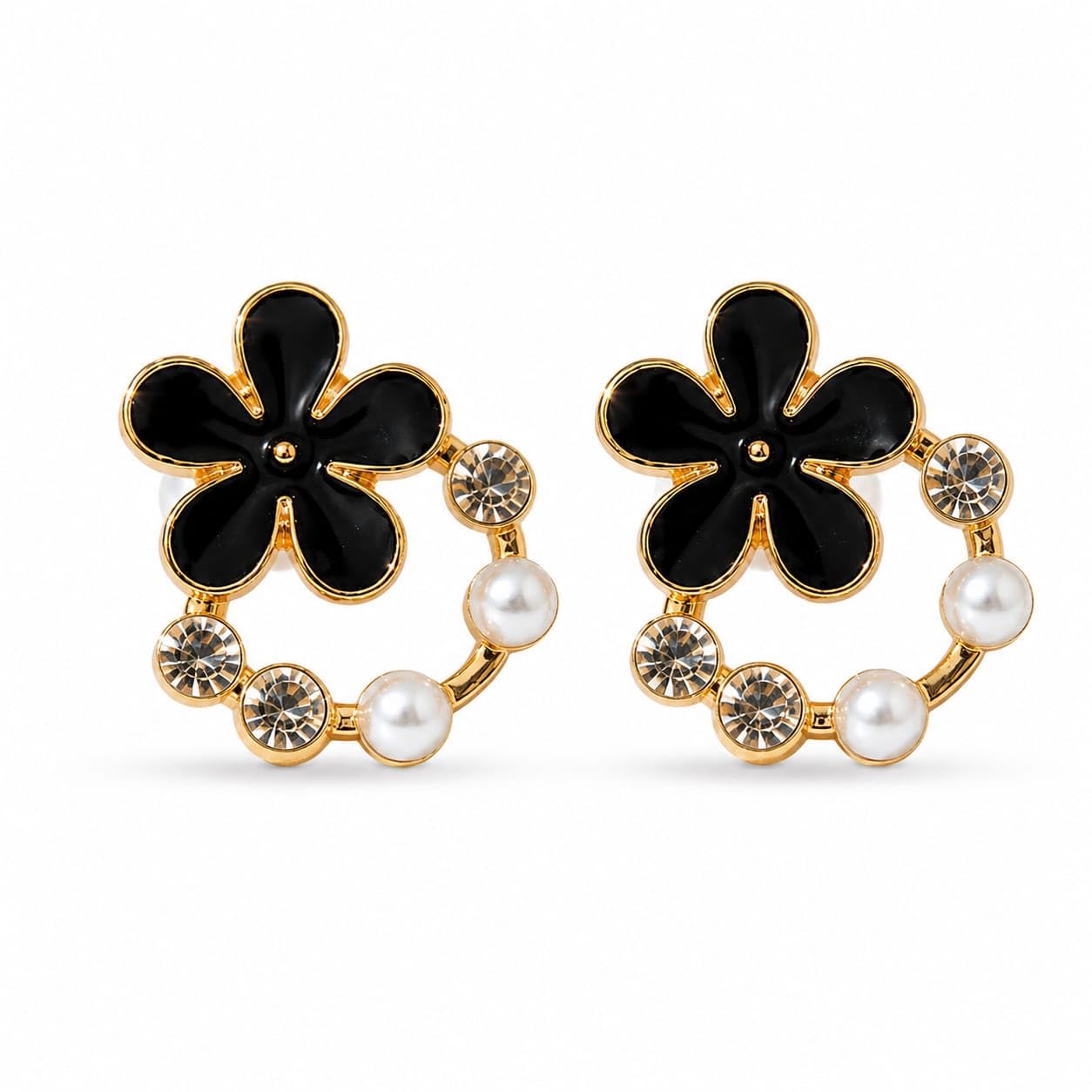 Floral Pearl Earrings for Women | White & Black Flower Earrings with Crystal Accents | Elegant Statement Fashion Jewellery | Lightweight Earrings & Gift-image-10