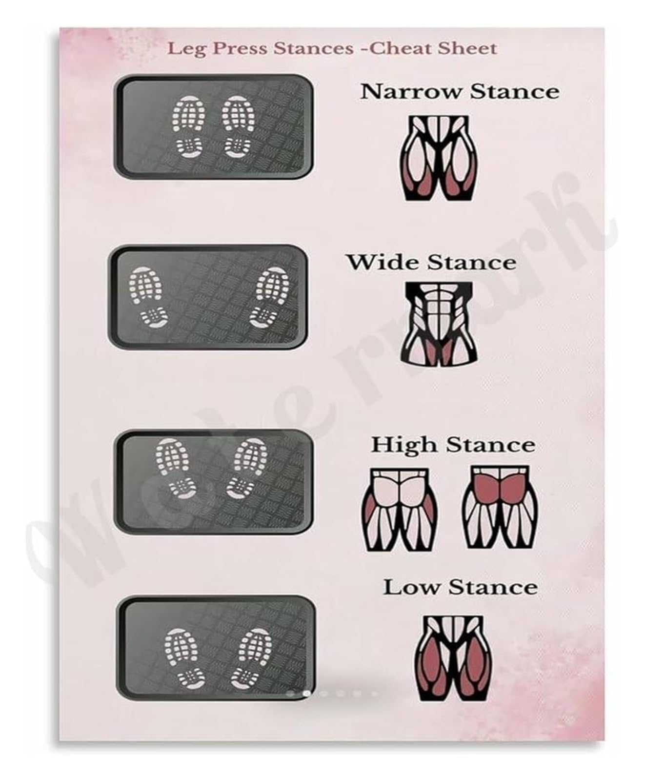 RNUMLIGH Leg Press Guide Poster Different Stances for Glutes Quads and Hamstrings Workout Canvas Art(Framed,12x18inch(30x45cm))
