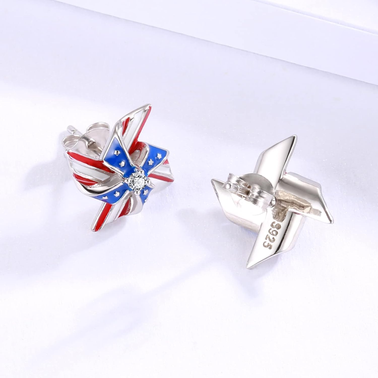 Silver USA American Flag Earrings - Patriotic Star Ears Stud Fourth of July Windmills Independence Day Hoop Jewelry Gift for Women Veterans