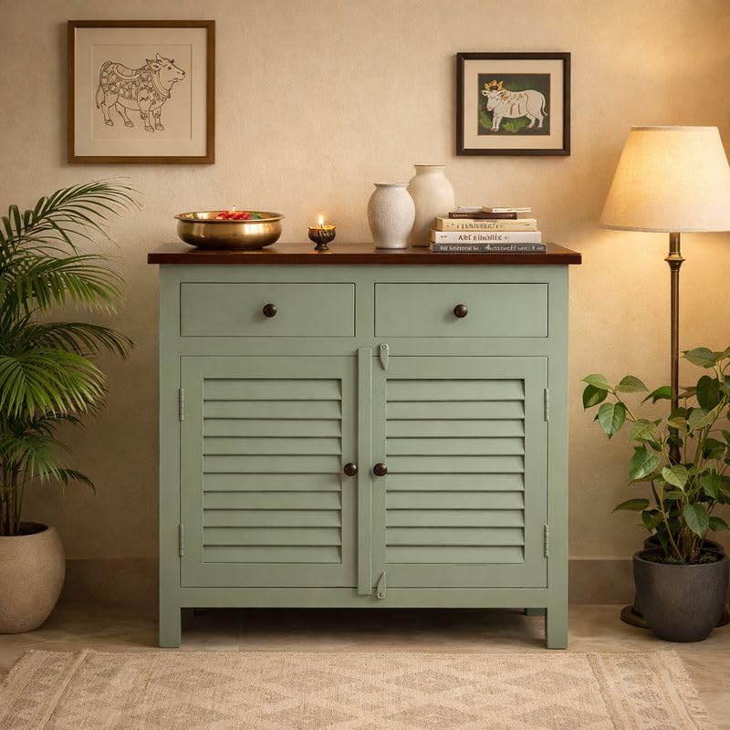 Kraft Bazaar Solid Wood Sideboard & Cabinet | 2-Drawer Sideboard Cabinet | Living Room Storage Cabinet |Finish: Sage Green & Tubaq
