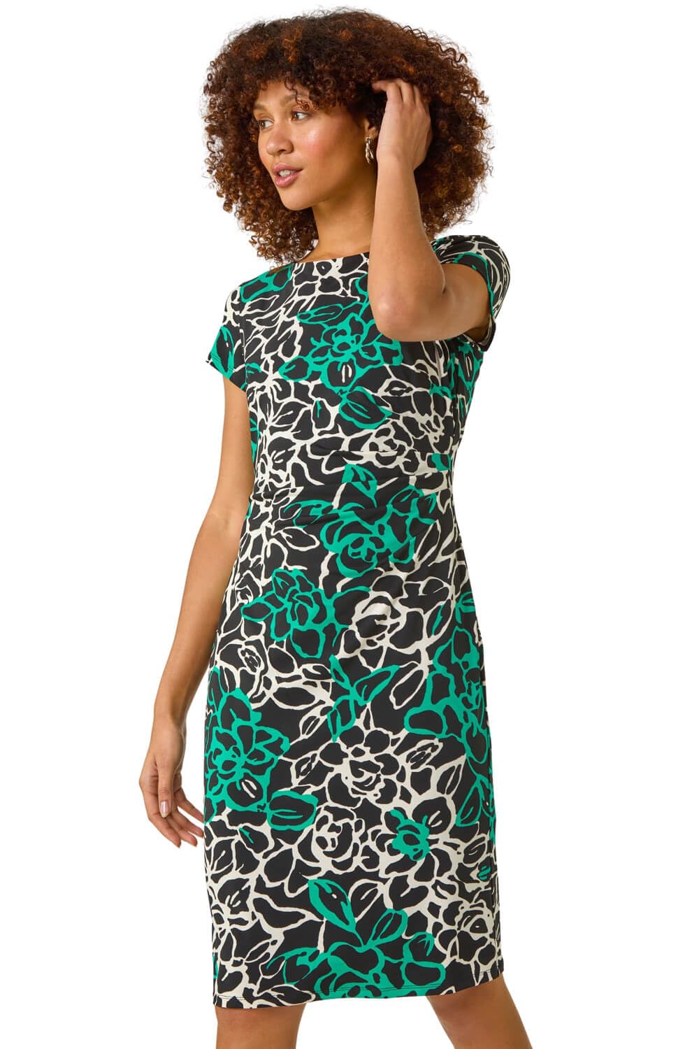 Roman Floral Side Ruched Stretch Dress - Green - Size 20