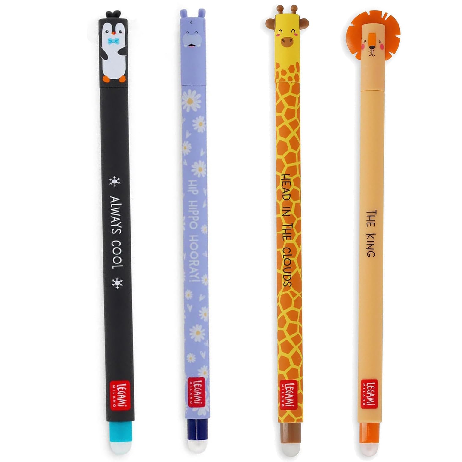 LEGAMI - Juego de 4 bolígrafos de goma de gel, fauna, bolígrafos de tinta borrable, hipopótamo, elefante, jirafa y león, borrables sin utilizar hojas, punta 0,7 mm (WILDLIFE)