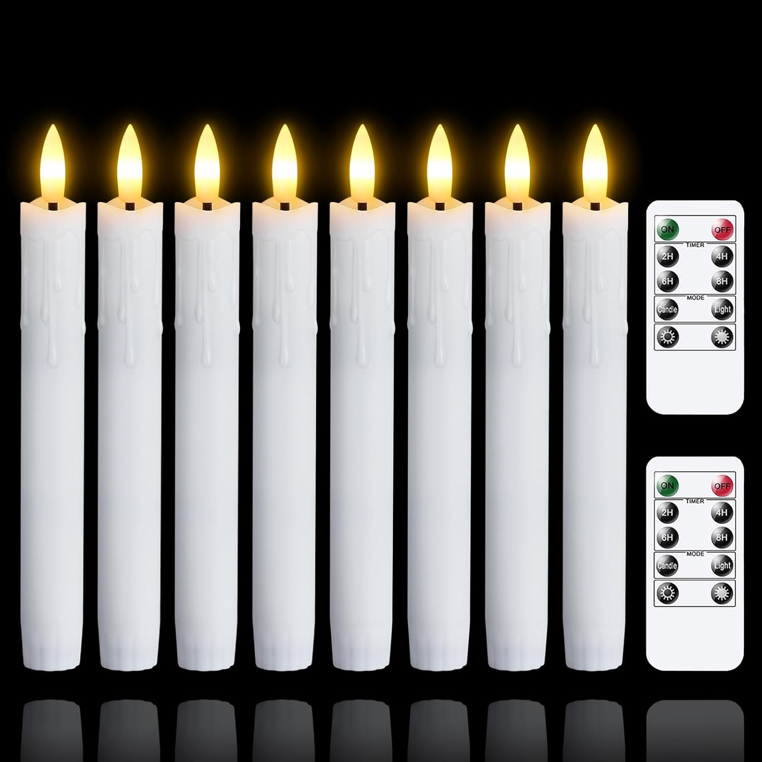 Flameless Flickering Taper Candles Two Remote, 7.5 Inch White Battery Operated LED Window Candles Timer,Set of 8 Plastic 3D-Wick Dripping-Wax Effect Flameless Candlesticks(0.86”Dia,Warm Fire)
