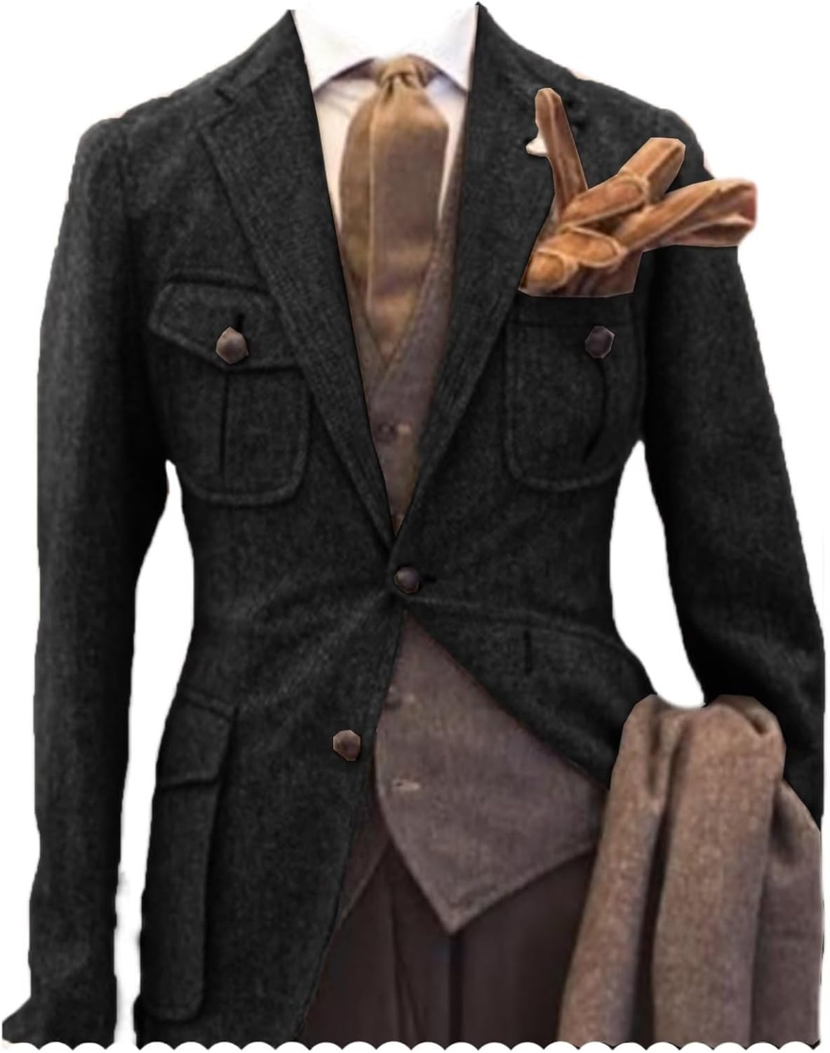 Men Herringbone Tweed Jacket Multi-Pocket Blazer Tux for Wedding Dinner