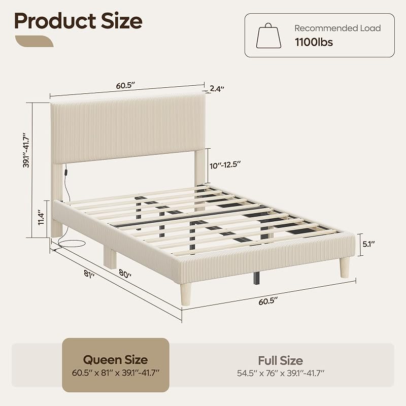 Bestier Queen Bed Frame with Headboard LED Lighting,Upholstered,Beige image 2