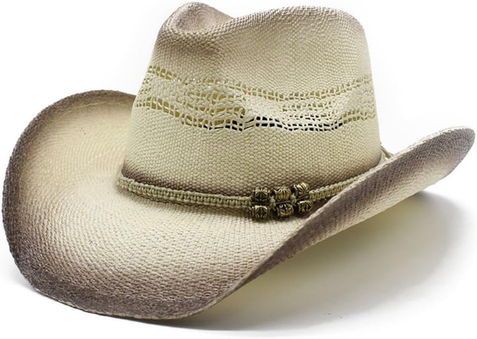 Western Cowboy Hat, Straw Woven, Beige with Brown Edges, Decorative Beaded Band