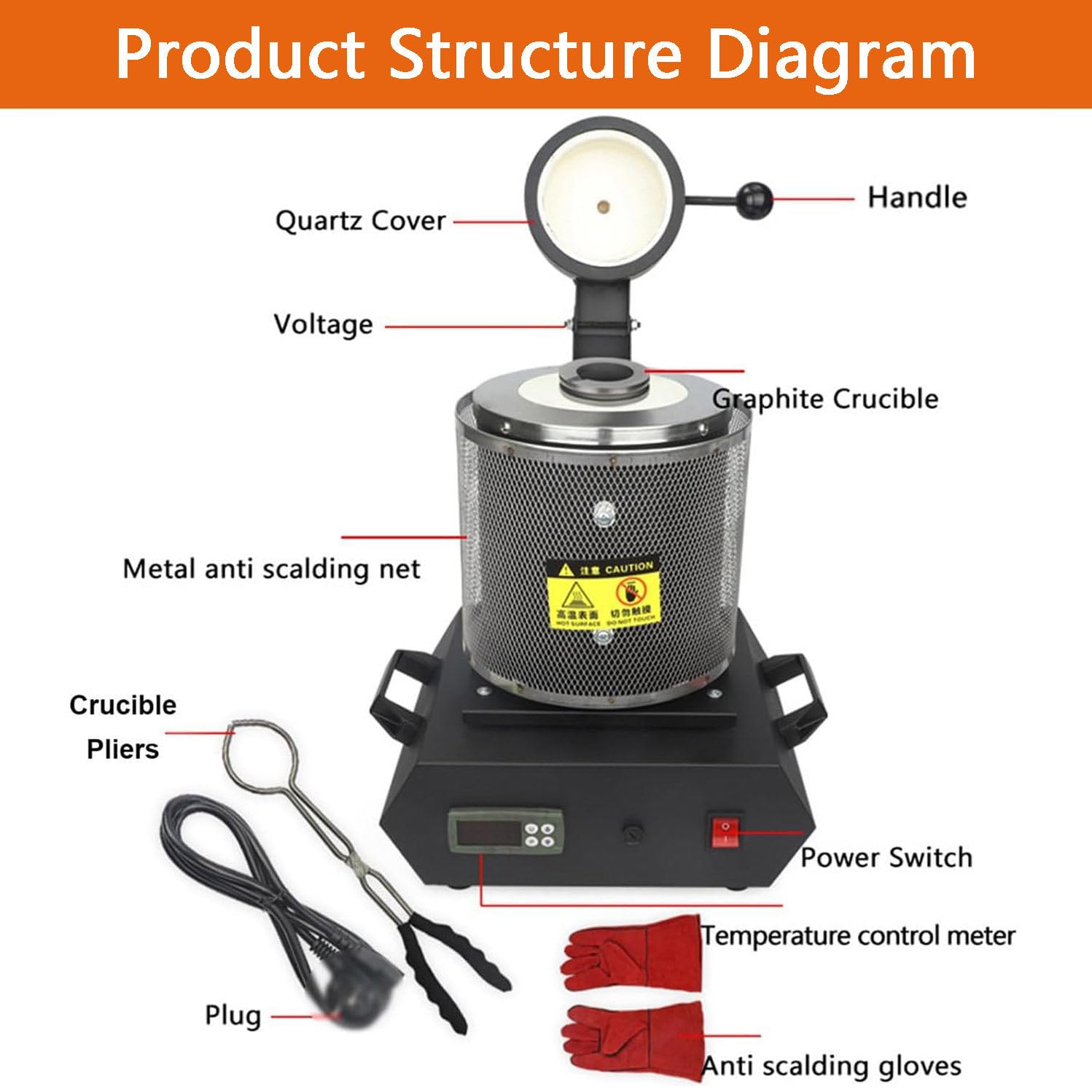 Horno De Fusión Eléctrico De 1400 W Con Crisol De Grafito, Horno De Fusión Automático De Acero Inoxidable Para Metales, Para Fabricación De Joyas, Con Crisol Grafito, Guantes Seguridad,Black-1KG+2KG