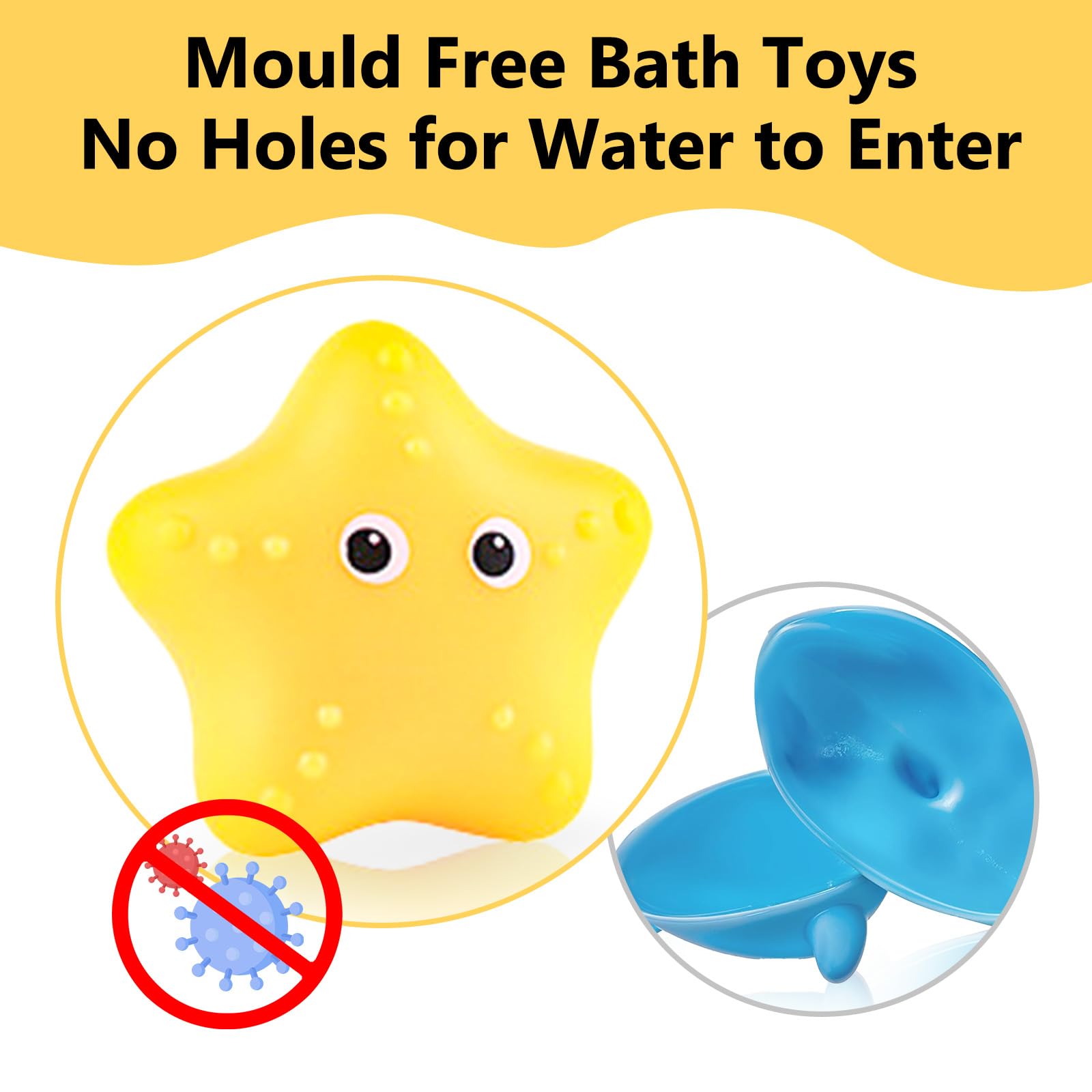 Juego de 7 juguetes de baño para bebé, sin agujeros, sin moho, juguetes de baño para bebés de 1 a 4 años, juguetes acuáticos antimoho con red de pesca para niños y niñas, ducha y bañera