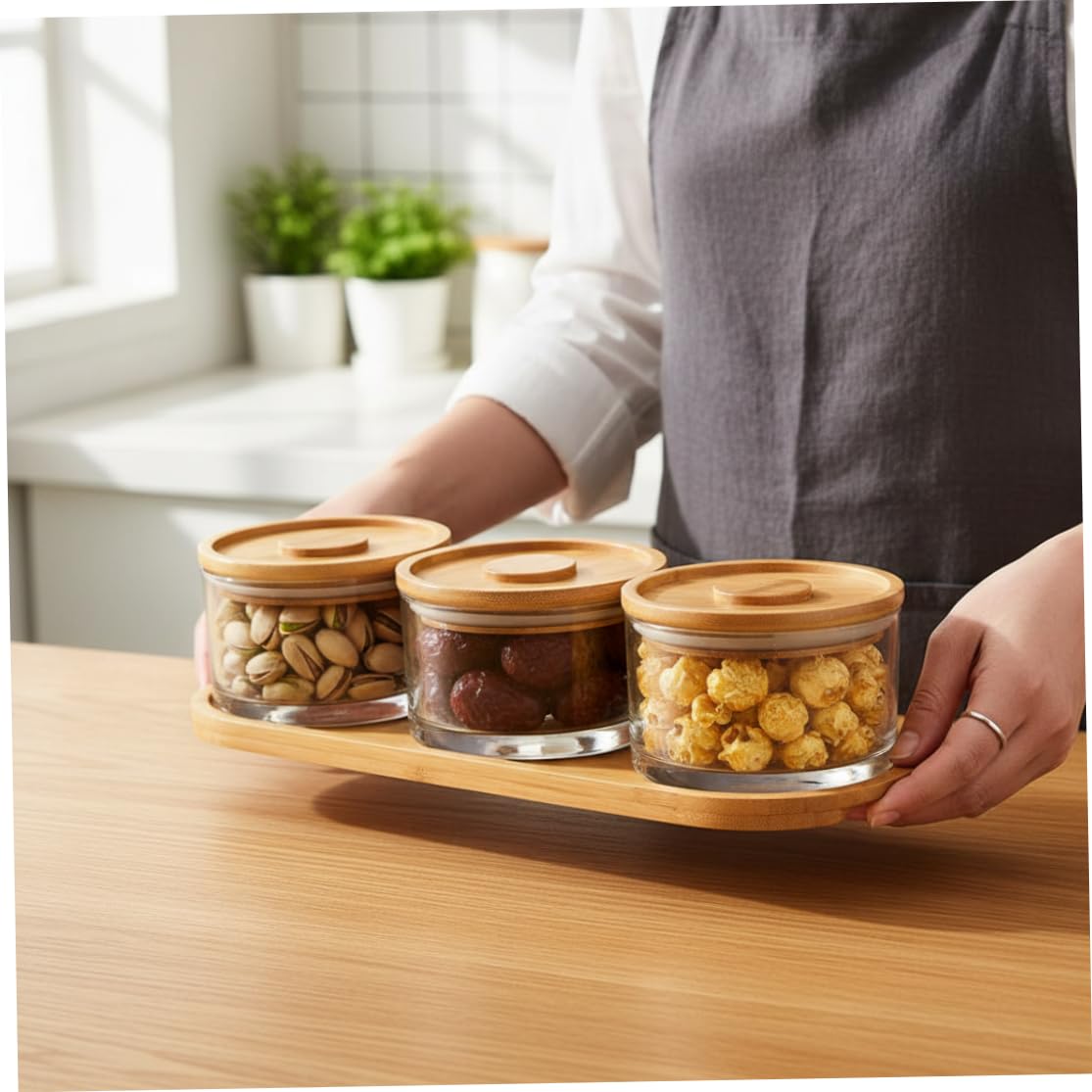 Chip- und Dip-Schüssel-Set – 4-teiliges Dipschalen aus Glas mit Deckel & Bambus-Serviertablett für Vorspeisen und Snacks, perfekt für Partys und Küche