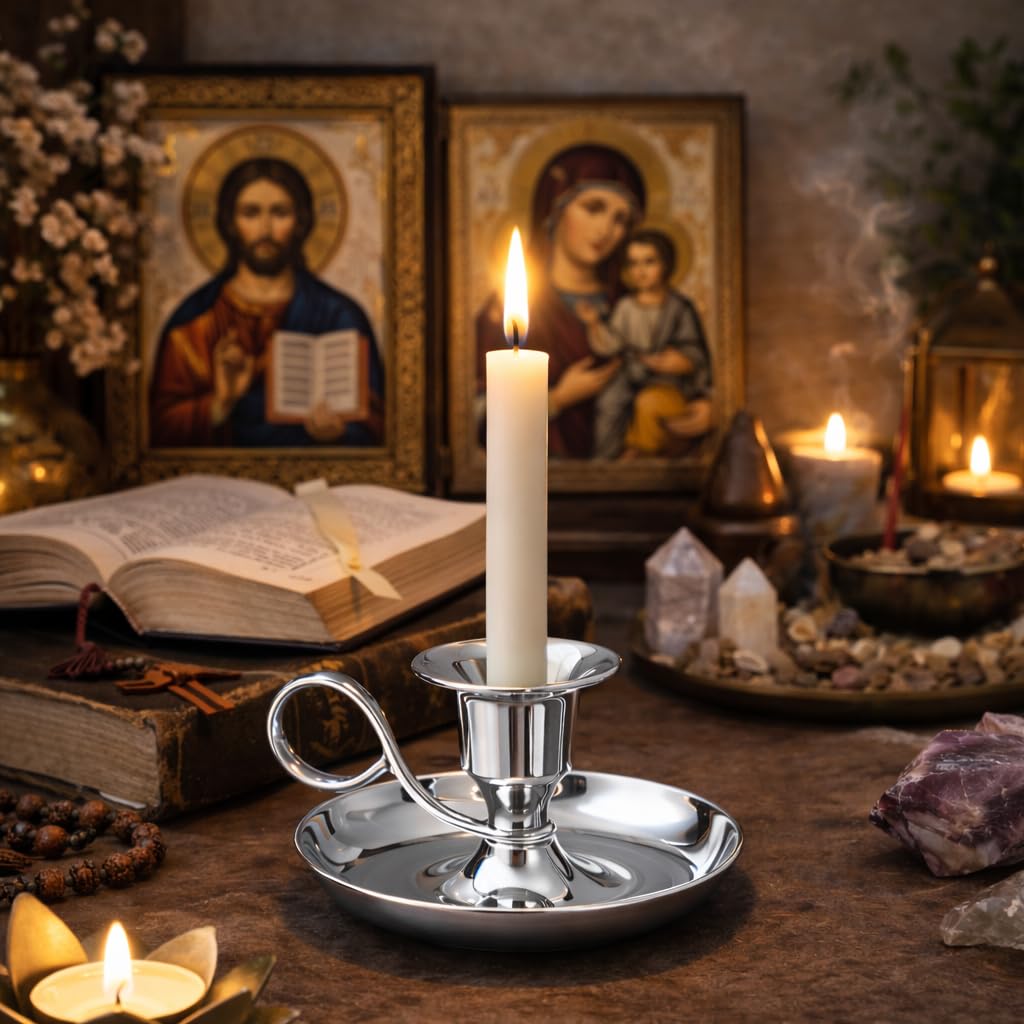 NKlaus candeliere a mano classico in ottone nichelato altezza 5cm per candele fino a Ø 2cm portacandele 10890