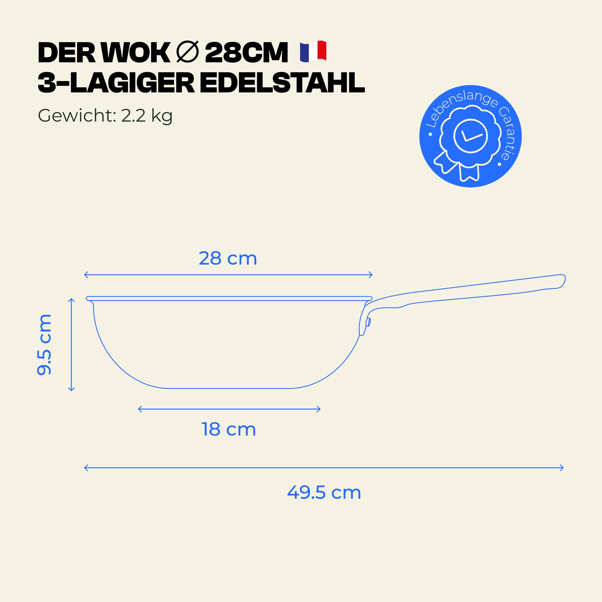 Atma - Wok Edelstahl 28 cm - 3-lagig - mit Deckel - PFAS- & PTFE-frei | Genieteter Griff - Edelstahl 18/10 Ohne Beschichtung & PTFE - Gesundes Garen - Alle Herdarten - Frankreich