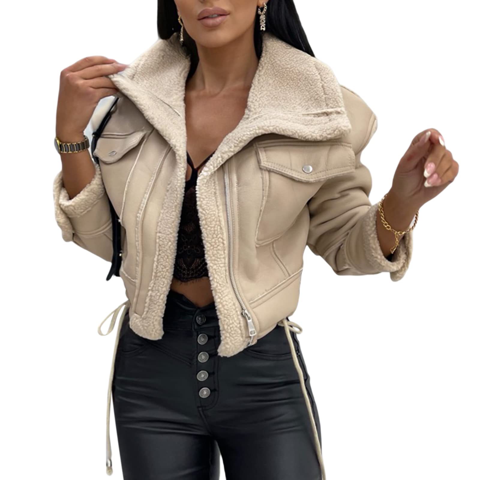 Damen Lederjacke Kurz Gefüttert Winterjacke Warm Winter Fleece Motorrad Jacke Vintage Innenfutter Mantel mit Reißverschluss Fellkragen Wintermantel