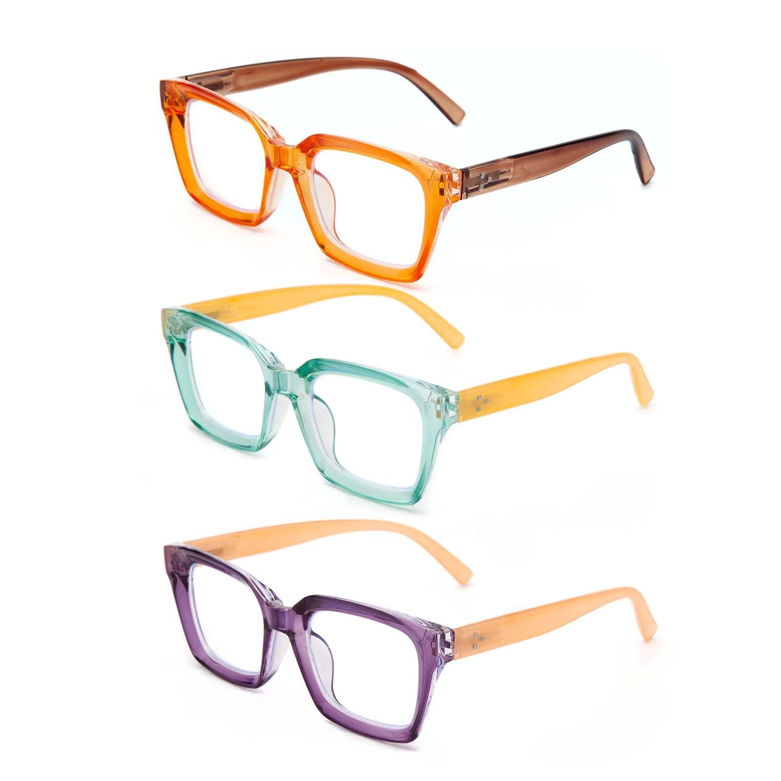 Amorays 3 Pacco Occhiali da Lettura Oversize Square Frame Vintage con Anti Luce Blu Lenti Cerniera a Molla Occhiali Presbiopia Lettori per Donna Uomo 6561NEW(3P,+1.5)